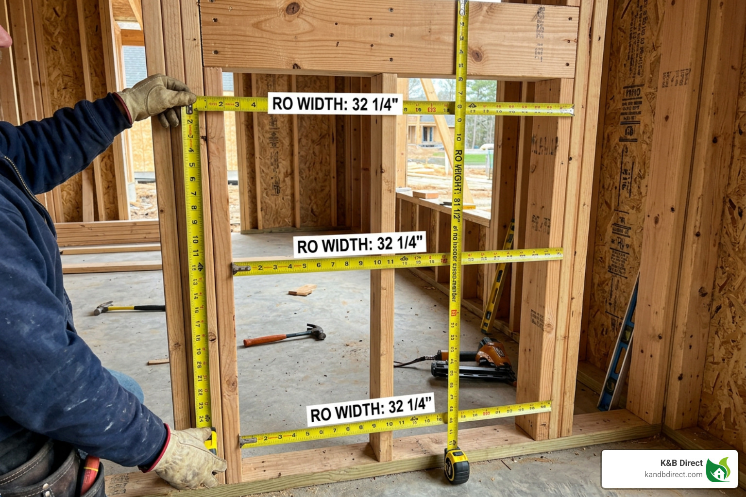 Measuring tape on a door frame showing width and height - 32x72 exterior door inswing