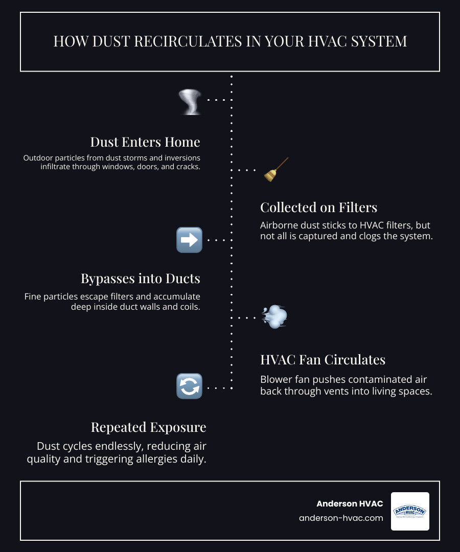 Infographic showing how dust and allergens recirculate through home HVAC ductwork - duct cleaning in kaysville ut Infographic showing how dust and allergens recirculate through home HVAC ductwork - duct cleaning in kaysville ut