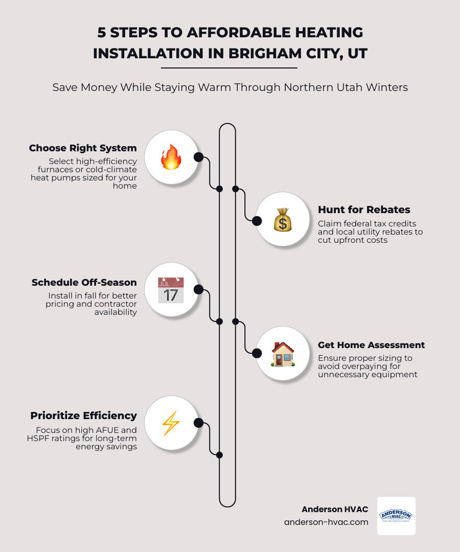 Infographic showing steps to affordable heating installation in Brigham City UT with tips on system types, rebates, and