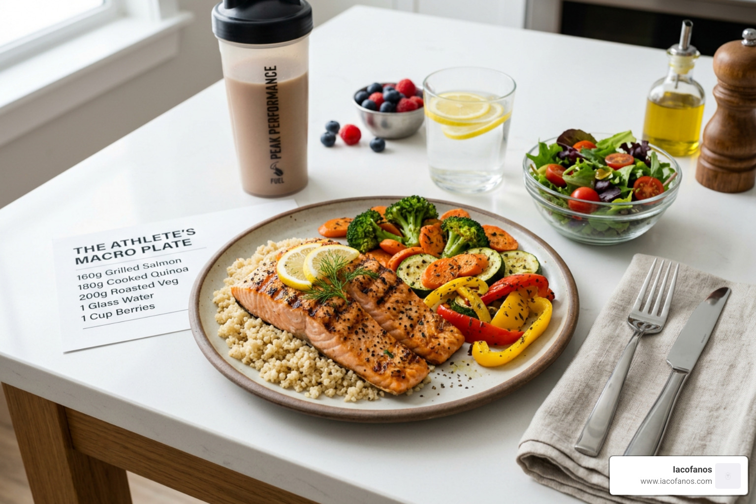 Macro-balanced catering spread featuring grilled salmon, quinoa, and vibrant roasted vegetables - athlete diet catering