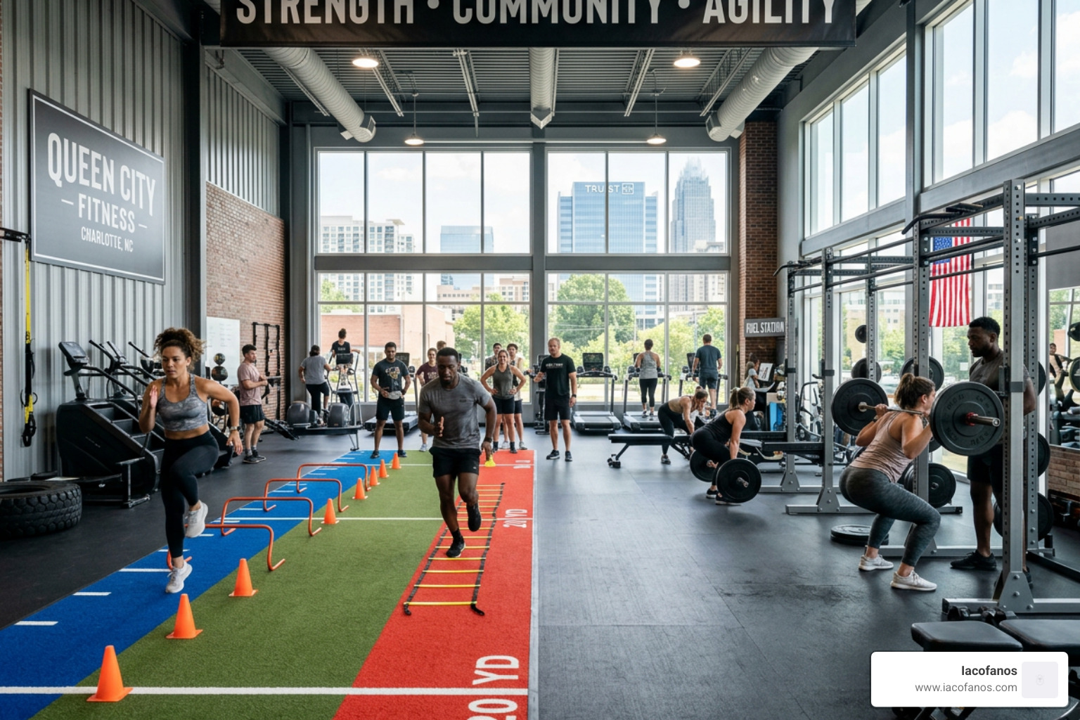 Charlotte fitness training center with athletes performing agility drills and strength work - athlete diet catering Charlotte