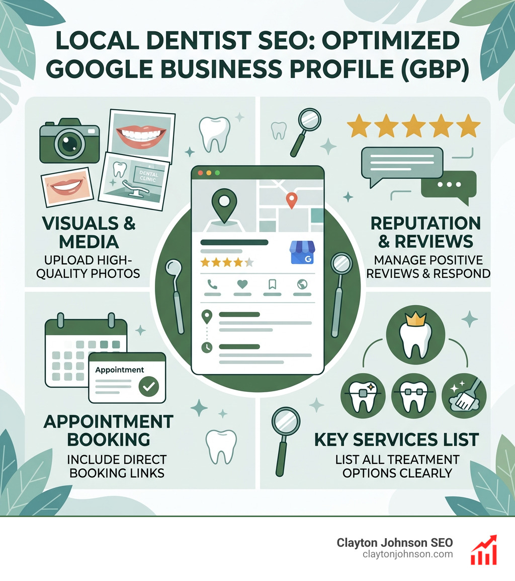 Fully optimized dental GBP showing photos, reviews, services, and appointment links - local dentist seo