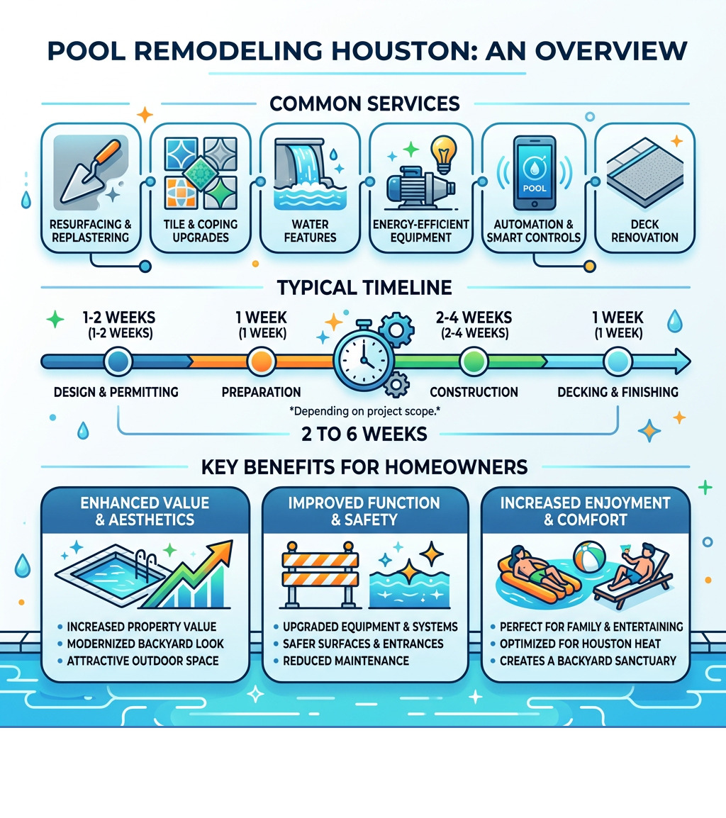 Infographic showing pool remodeling Houston overview: common services, typical timeline, and key benefits for homeowners Infographic showing pool remodeling Houston overview: common services, typical timeline, and key benefits for homeowners