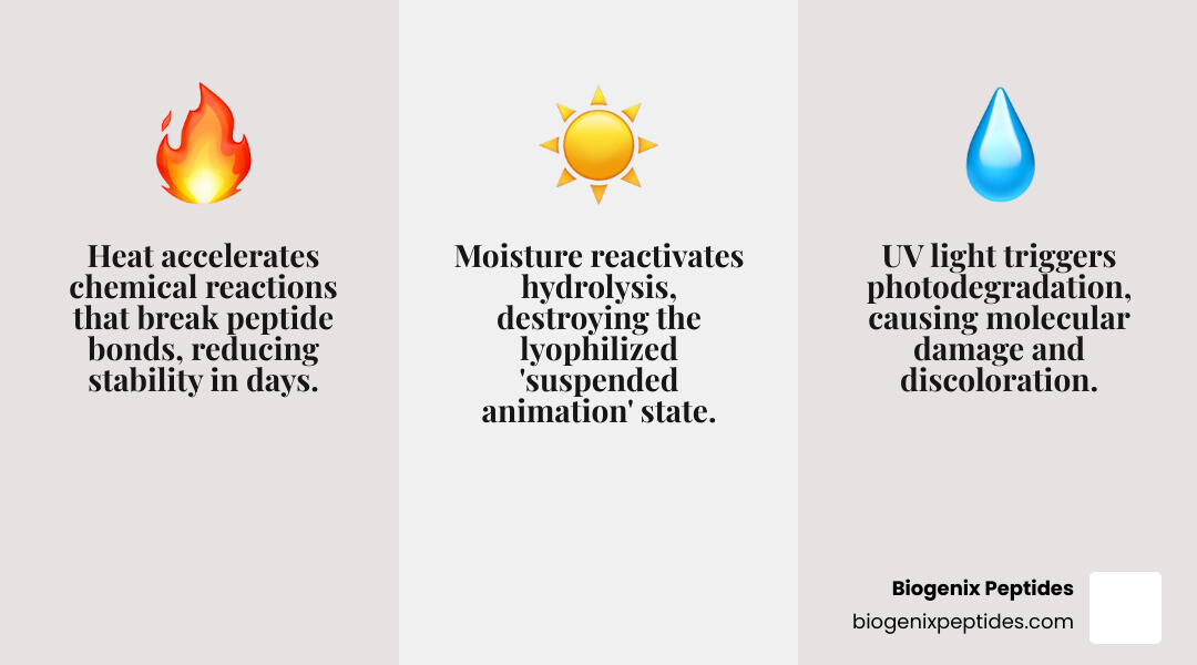 Infographic showing how heat, light, and moisture degrade lyophilized peptide powder over time - peptide powder storage