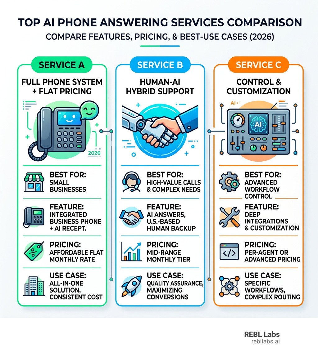 Top AI phone answering services comparison infographic with features, pricing, and best-use cases - ai phone answering