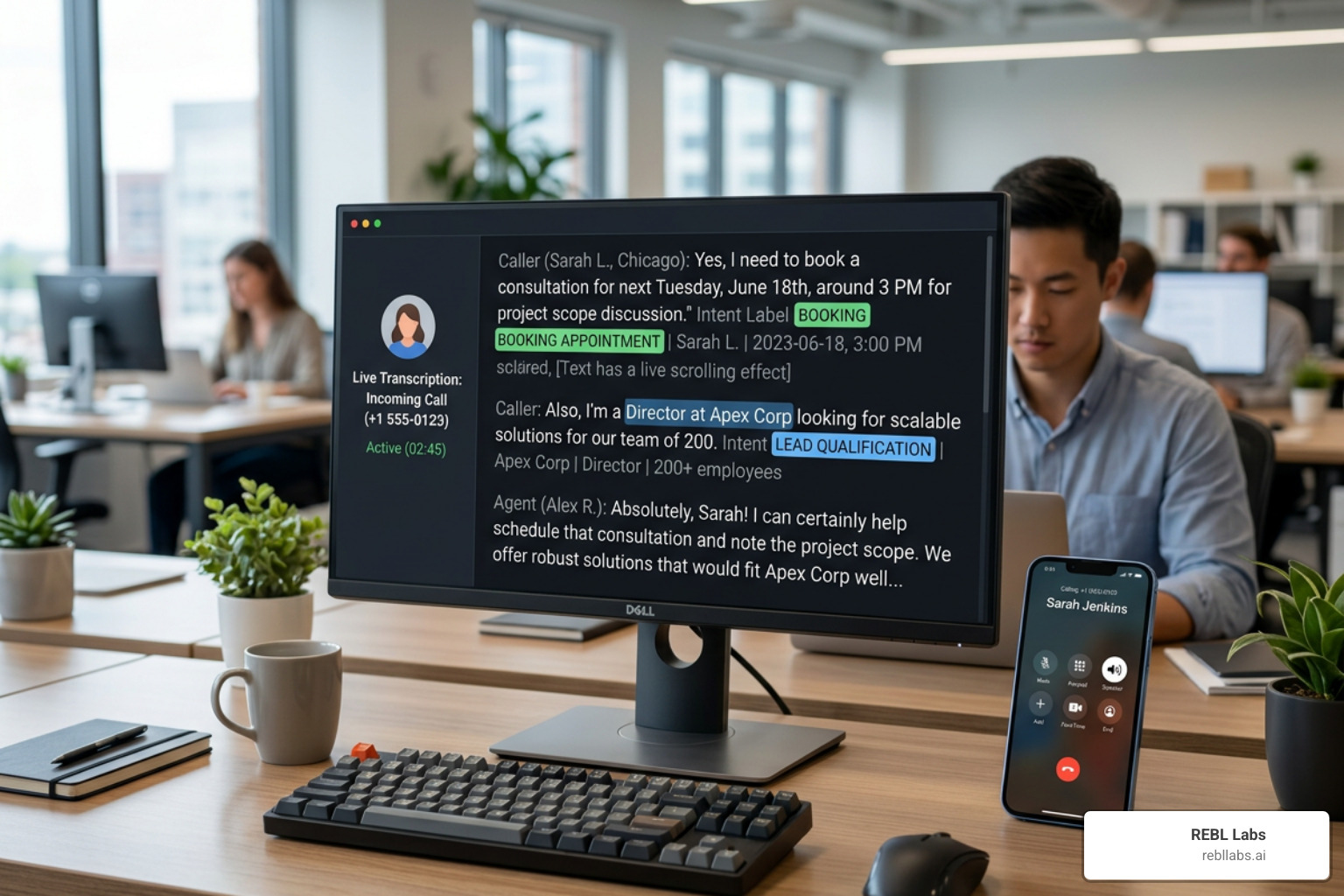 Digital voice interface showing real-time call transcription and intent detection - ai phone answering