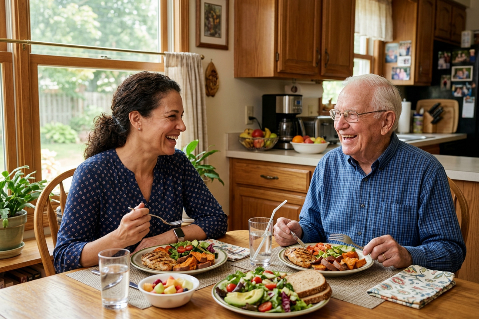 caregiver and senior sharing a healthy meal at home - Affordable home care
