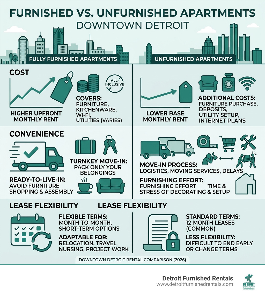 Infographic comparing furnished vs unfurnished apartments in downtown Detroit: cost, convenience, and lease flexibility