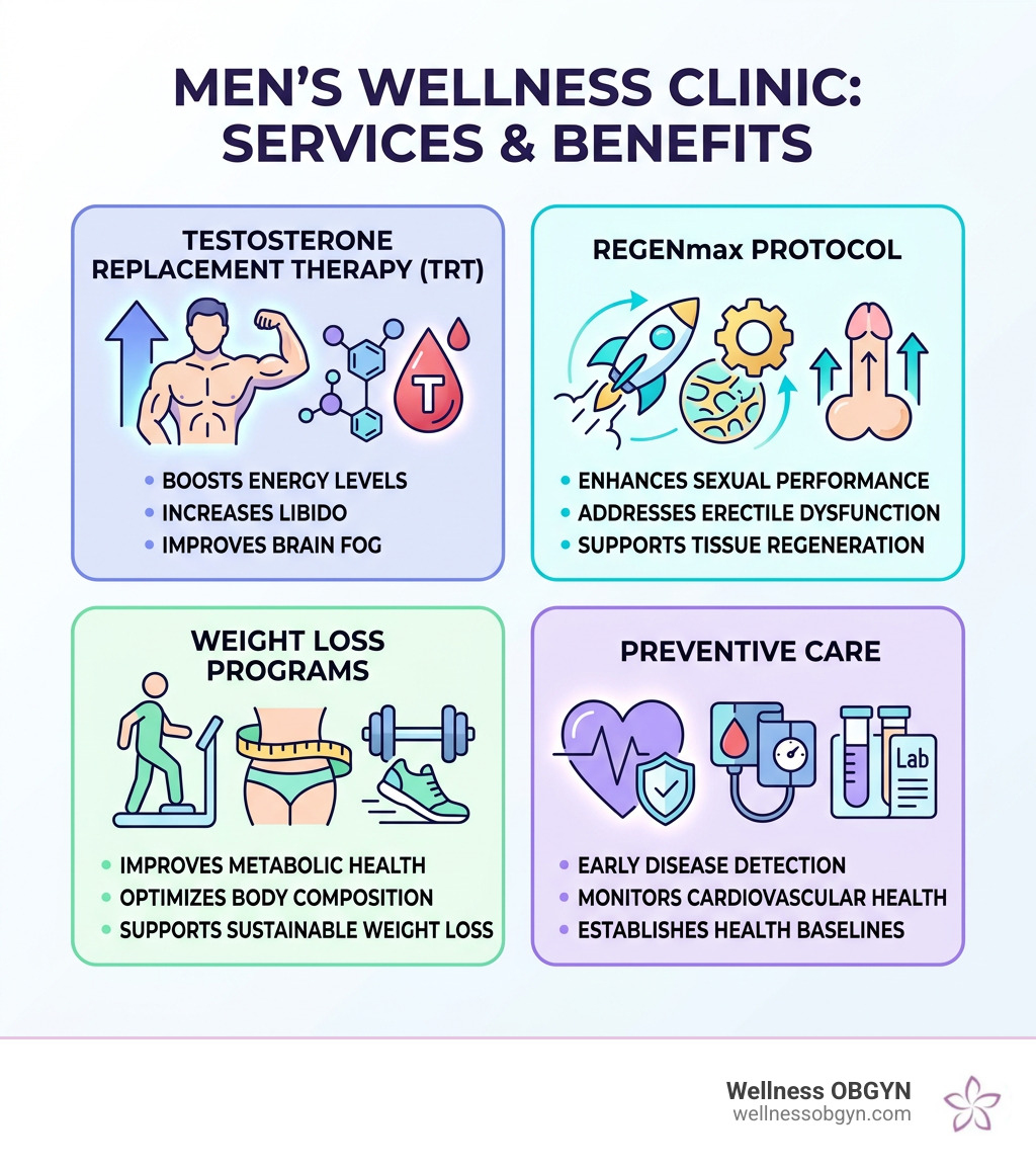 Infographic showing key services and benefits of a men's wellness clinic including TRT, REGENmax, weight loss, and