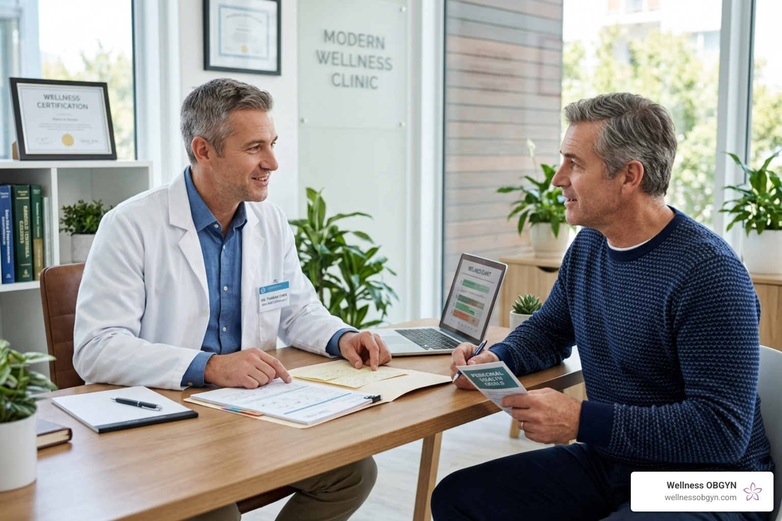 man discussing health goals with a specialist - wellness clinic for men