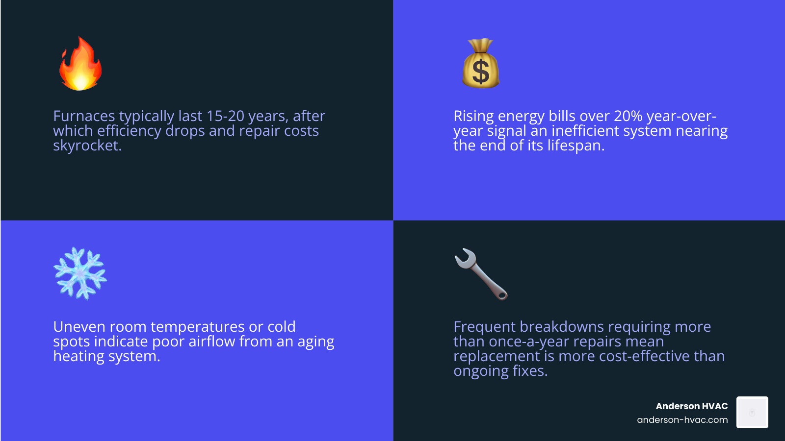infographic showing heating system lifespans furnace heat pump boiler replacement signs and tips - best heating replacement