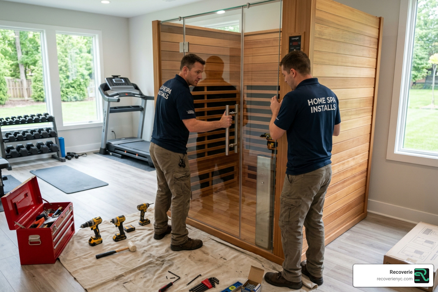 Professional assembly of a Clearlight infrared sauna in a home gym - clearlight infrared sauna price