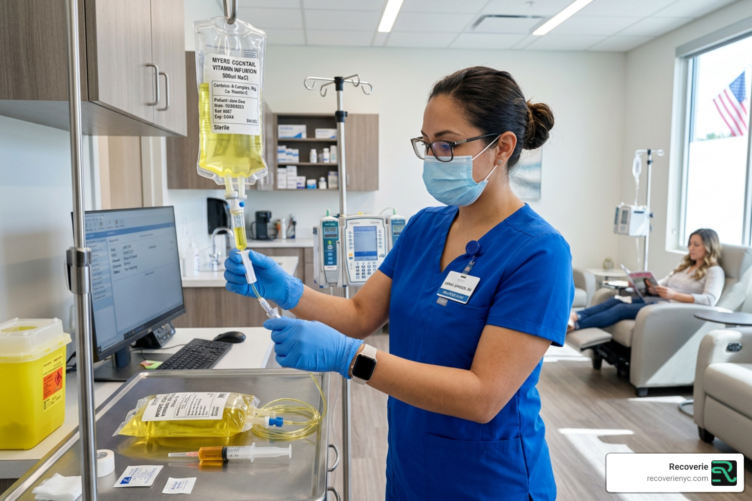 Medical professional preparing a vitamin infusion bag in a sterile wellness clinic - cost of vitamin drip Medical professional preparing a vitamin infusion bag in a sterile wellness clinic - cost of vitamin drip