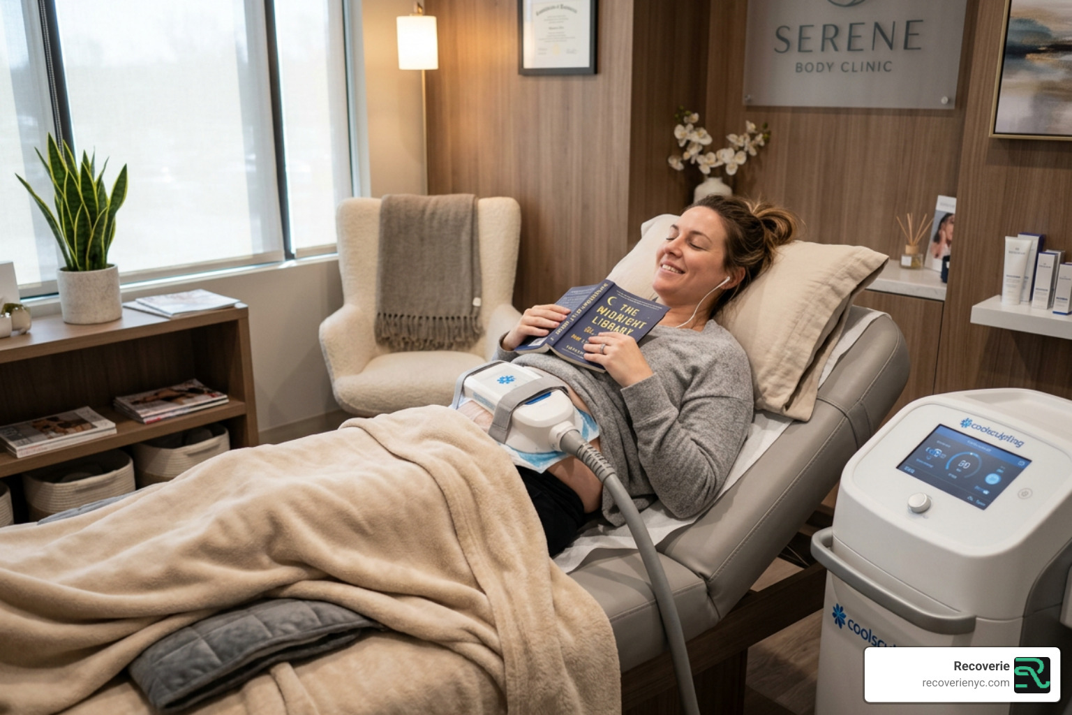 A patient relaxing during a cryo fat freezing session in a comfortable, modern setting - Cryo fat freezing Brooklyn A patient relaxing during a cryo fat freezing session in a comfortable, modern setting - Cryo fat freezing Brooklyn