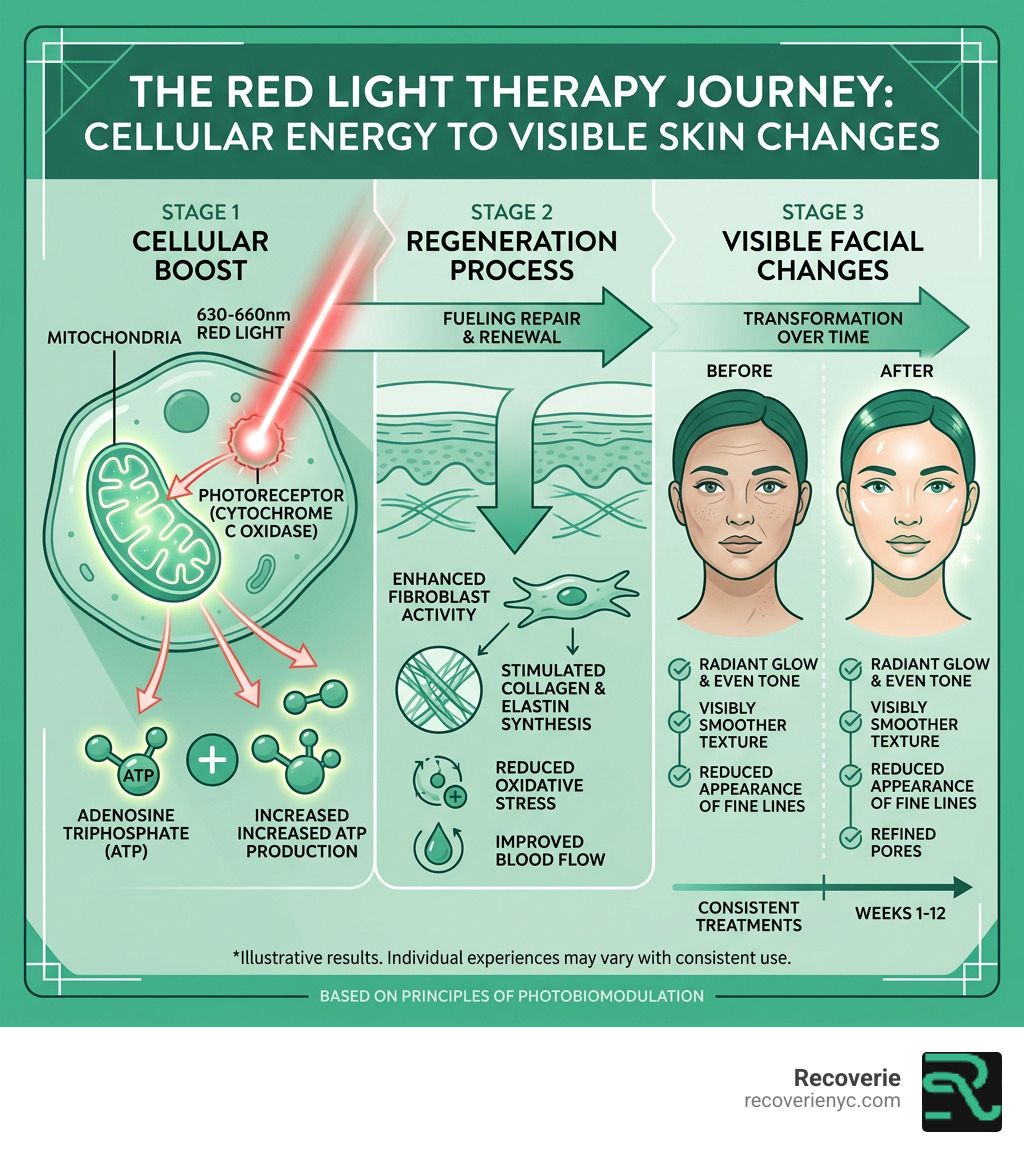 Infographic showing red light therapy journey from cellular energy production to visible facial skin changes - red light Infographic showing red light therapy journey from cellular energy production to visible facial skin changes - red light