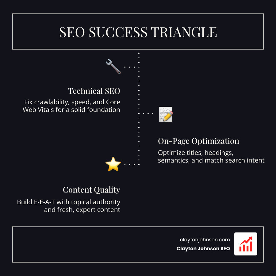 Infographic showing the relationship between technical SEO, on-page optimization, and content quality - advanced seo audit