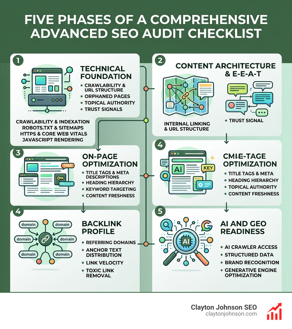 Five phases of a comprehensive advanced SEO audit checklist with key focus areas per phase - advanced seo audit checklist