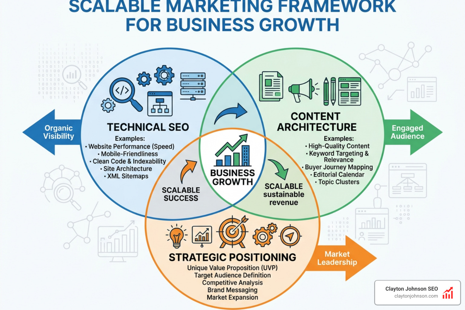 Graphic of a scalable marketing framework showing the intersection of Technical SEO, Content Architecture, and Strategic