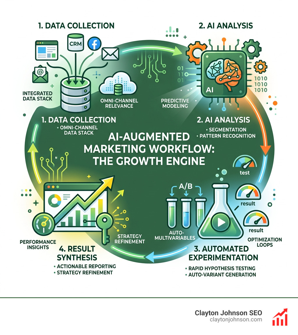 Infographic of an AI-augmented marketing workflow showing data collection, AI analysis, automated experimentation, and