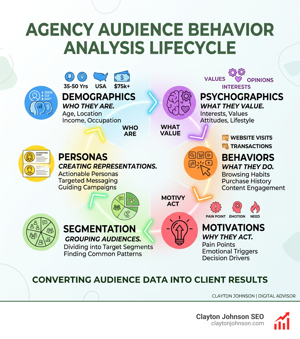Agency audience behavior analysis lifecycle: demographics, psychographics, behaviors, motivations, segmentation, personas