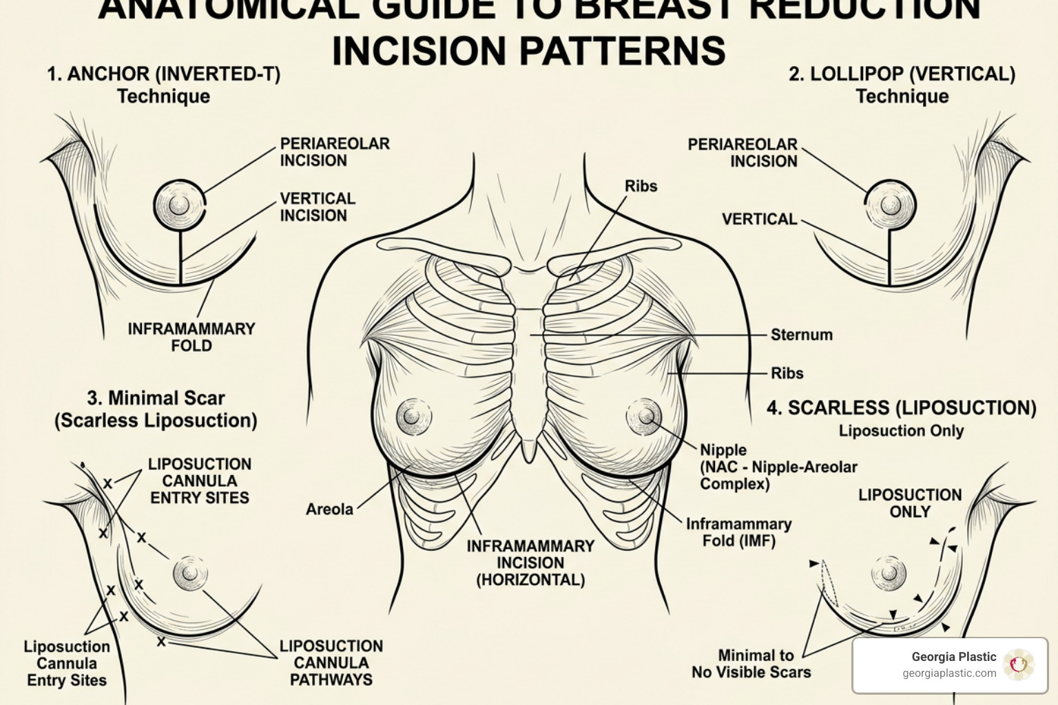 Diagram of common breast reduction incision patterns - breast reduction surgery