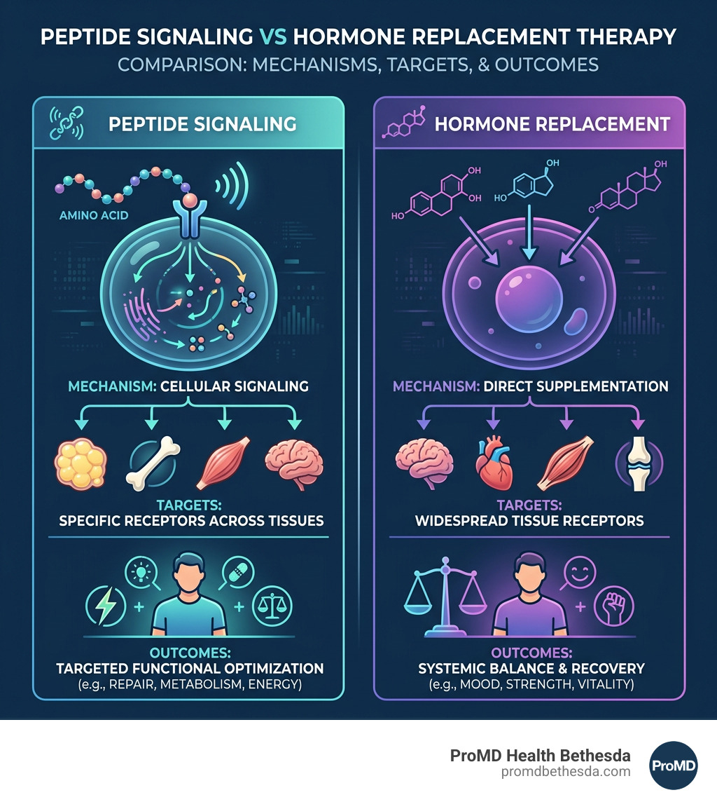 Comparison infographic: peptide signaling vs hormone replacement — mechanisms, targets, and outcomes - what is peptide and Comparison infographic: peptide signaling vs hormone replacement — mechanisms, targets, and outcomes - what is peptide and