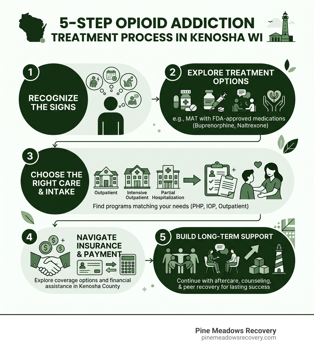 5-step opioid addiction treatment process in Kenosha WI infographic - Opioid addiction treatment in Kenosha WI infographic 