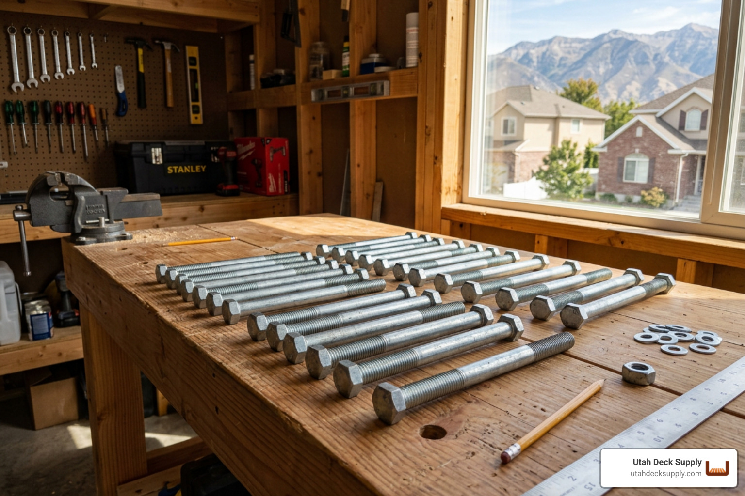 Extra-long hex lag bolts laid out on a clean wooden workbench in a West Jordan workshop during a sunny afternoon - 24 inch