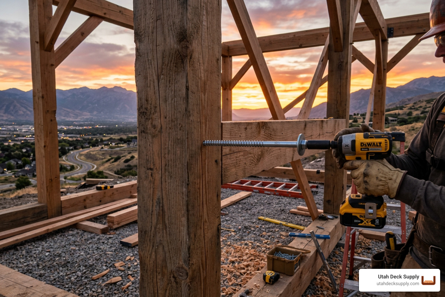 Structural screws being driven into a large timber post during a sunset installation in Draper, Utah - 24 inch lag screw