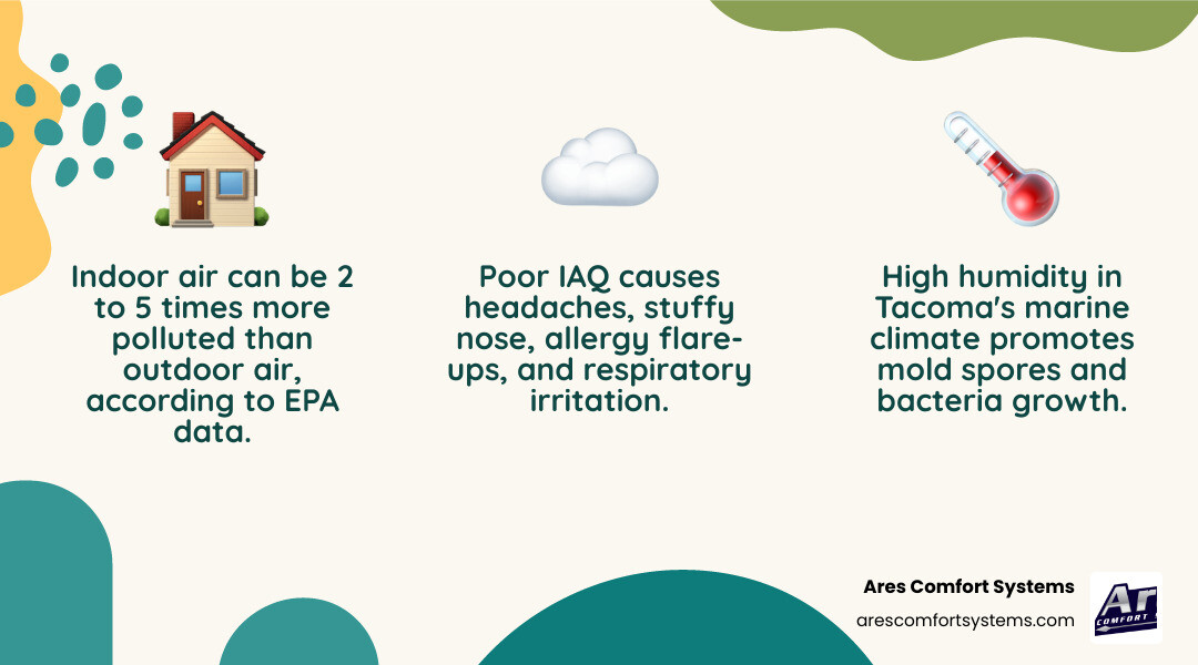 Infographic showing IAQ testing basics, common pollutants, health symptoms, and steps to test Tacoma home air - iaq testing