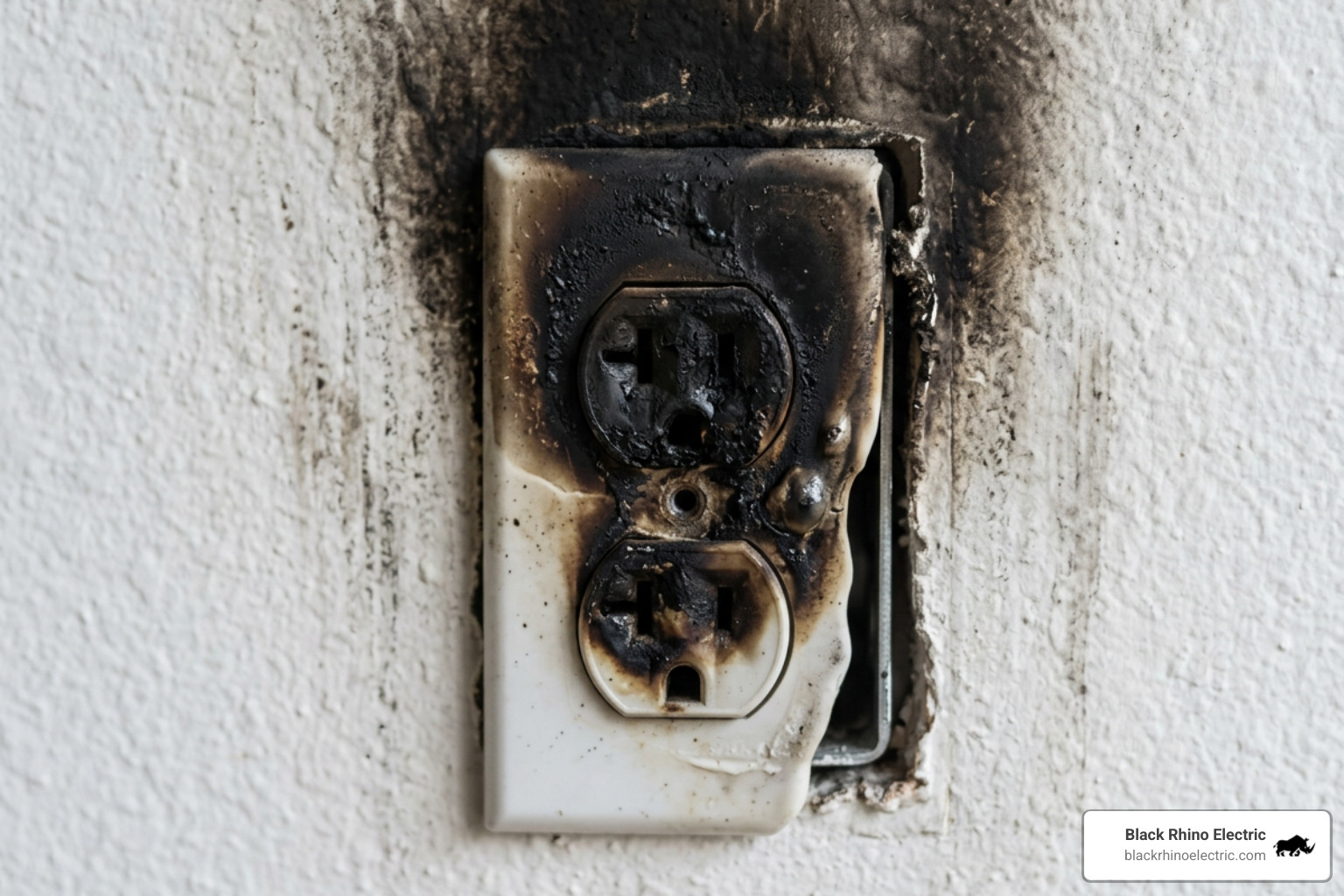 scorched electrical outlet showing heat damage - how to fix wiring in house