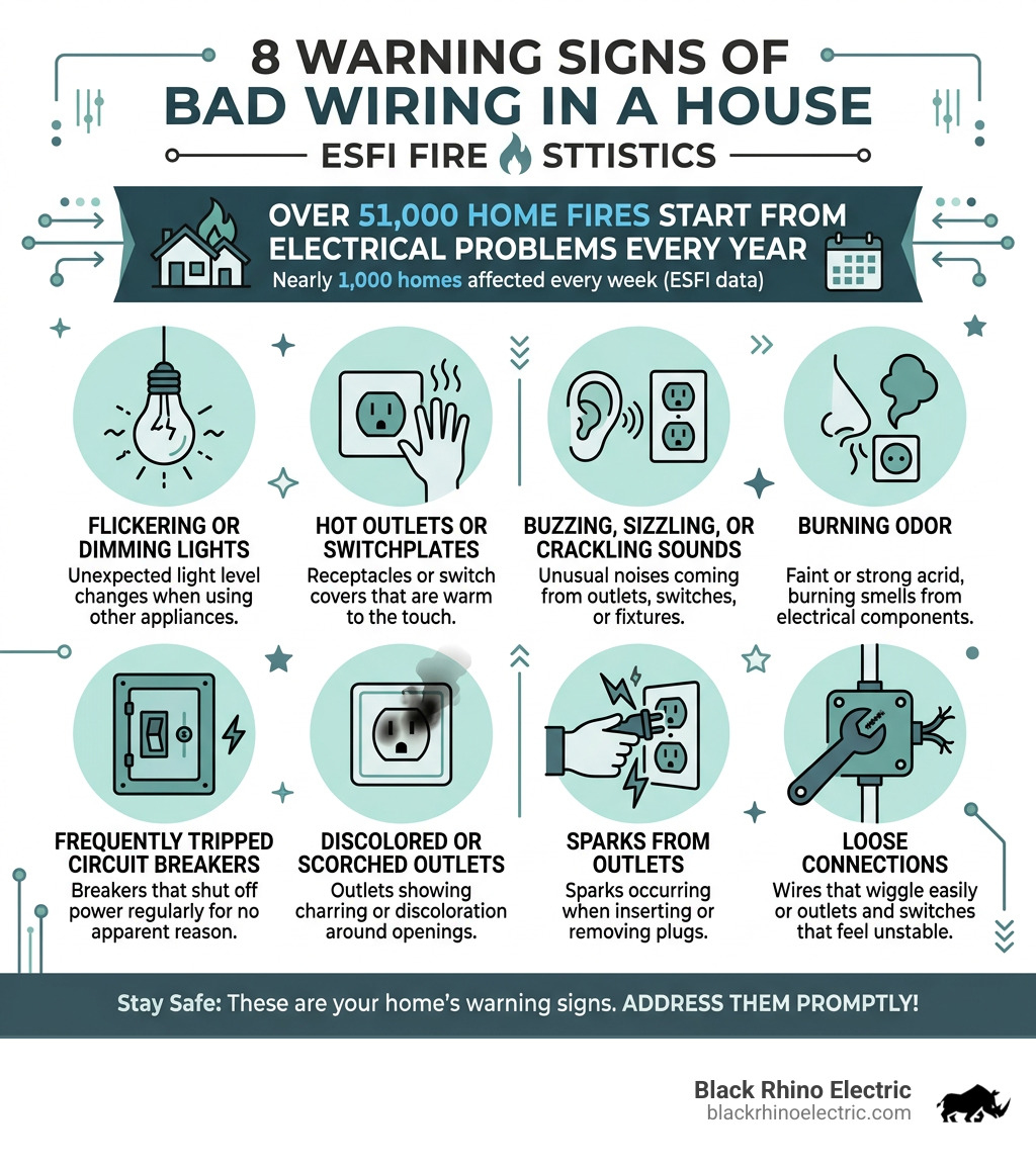 8 warning signs of bad wiring in a house infographic with ESFI fire statistics - how to fix wiring in house infographic 