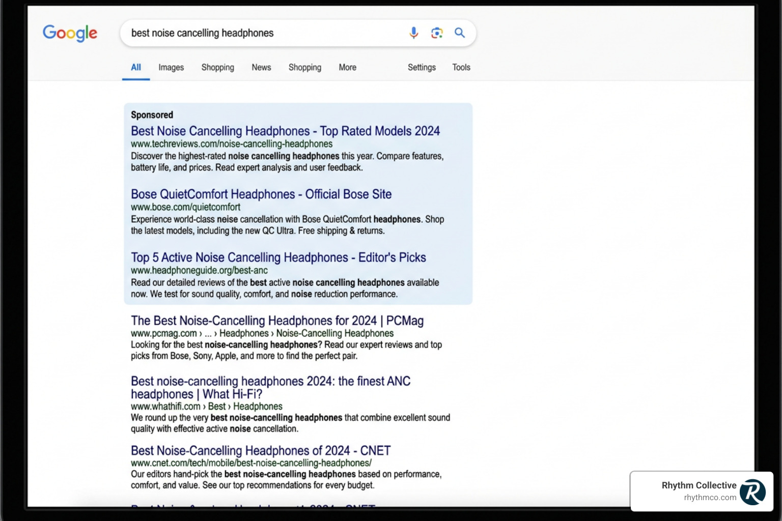 A search engine results page showing the difference between paid ads and organic listings - grow business online A search engine results page showing the difference between paid ads and organic listings - grow business online