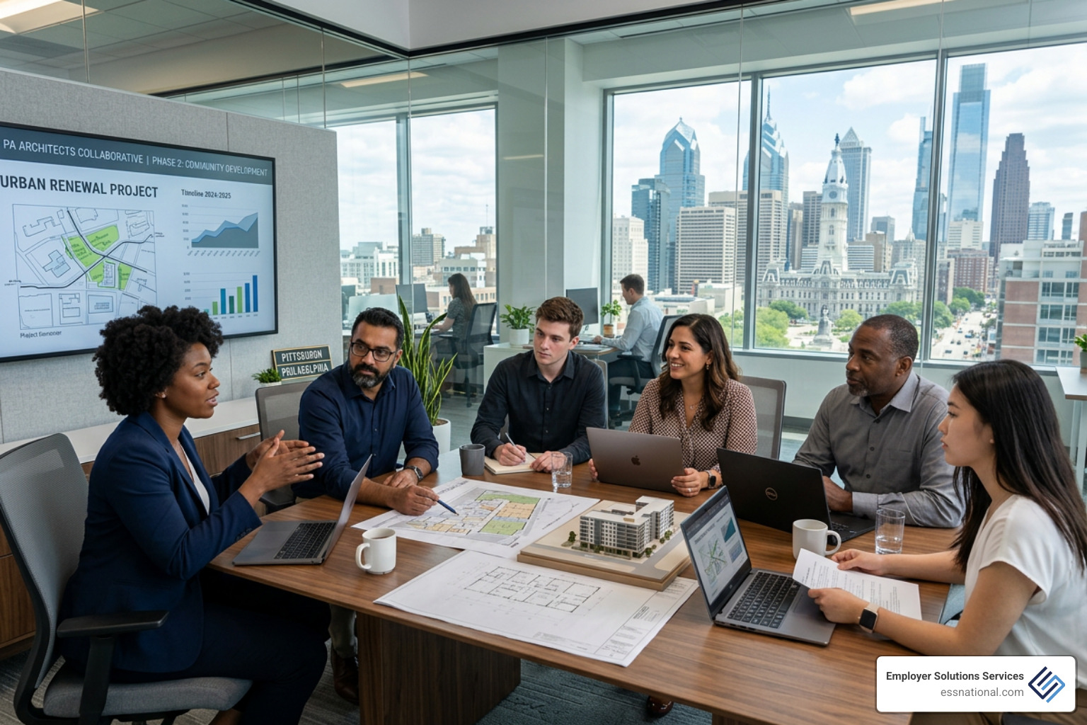 Diverse team in a modern Pennsylvania office collaborating on a project - pa staffing agency