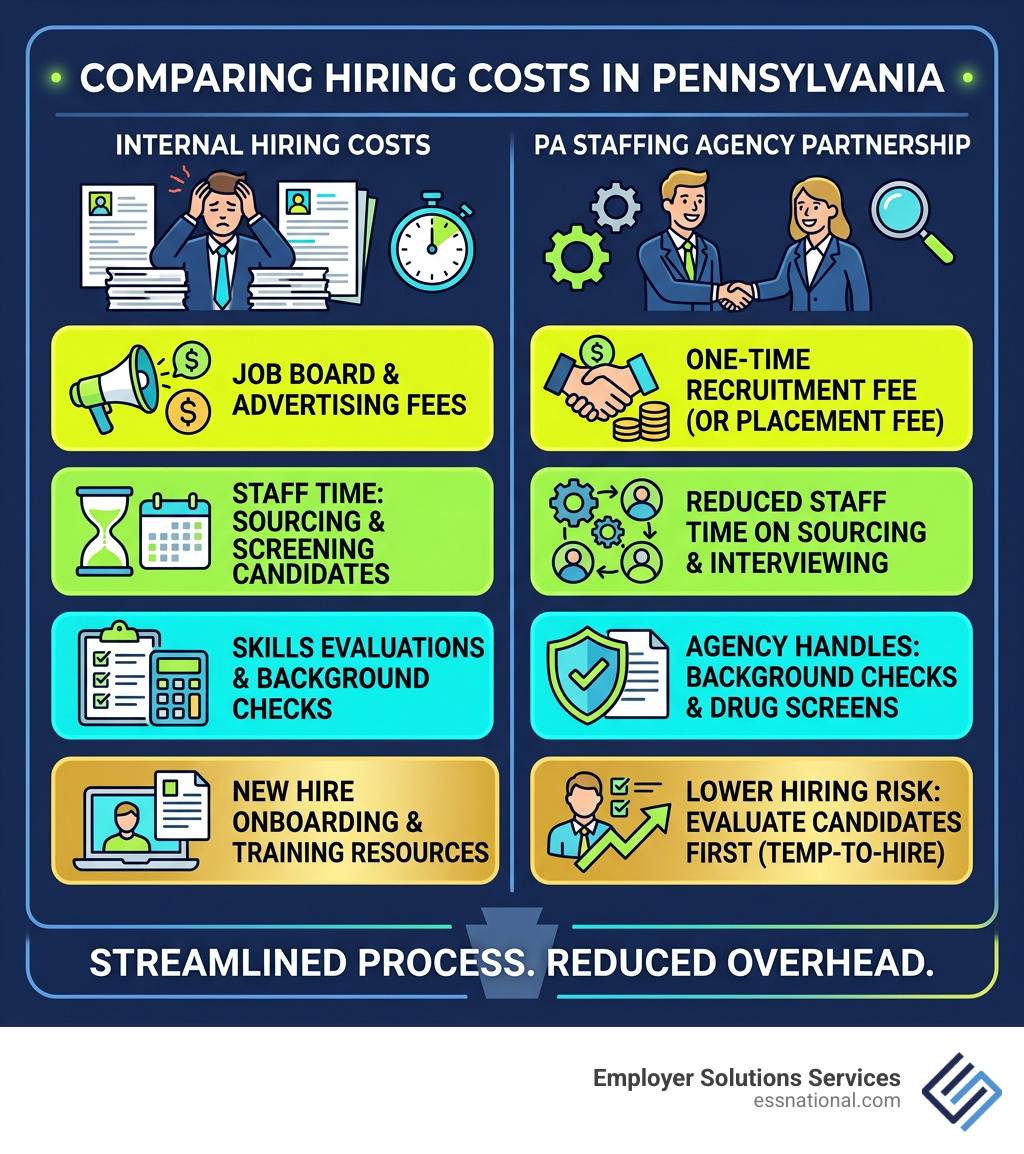 Table comparing internal hiring costs vs agency partnership in Pennsylvania - pa staffing agency infographic 