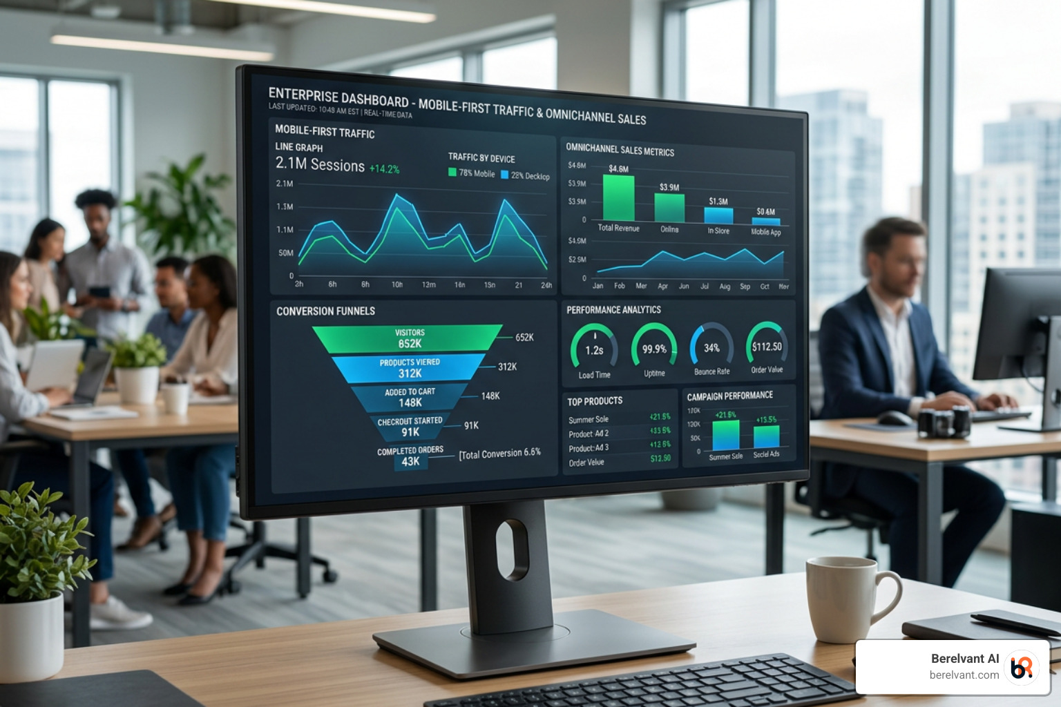 Enterprise dashboard showing real-time mobile-first traffic and omnichannel performance metrics - Online sales growth