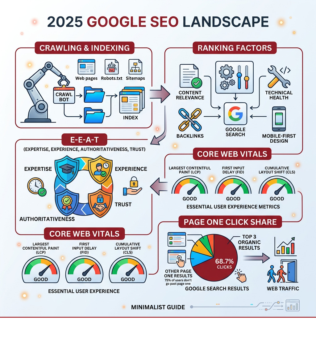 Google SEO landscape infographic: crawling, indexing, ranking factors, E-E-A-T, Core Web Vitals, and page one click