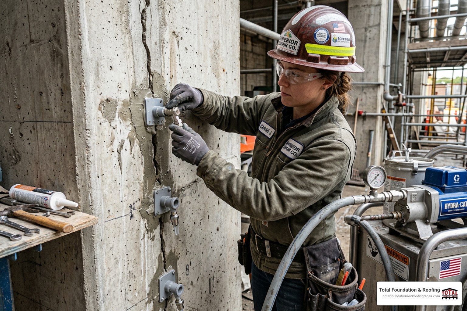 Technician installing injection ports along a vertical concrete wall crack - Commercial concrete crack repair Technician installing injection ports along a vertical concrete wall crack - Commercial concrete crack repair