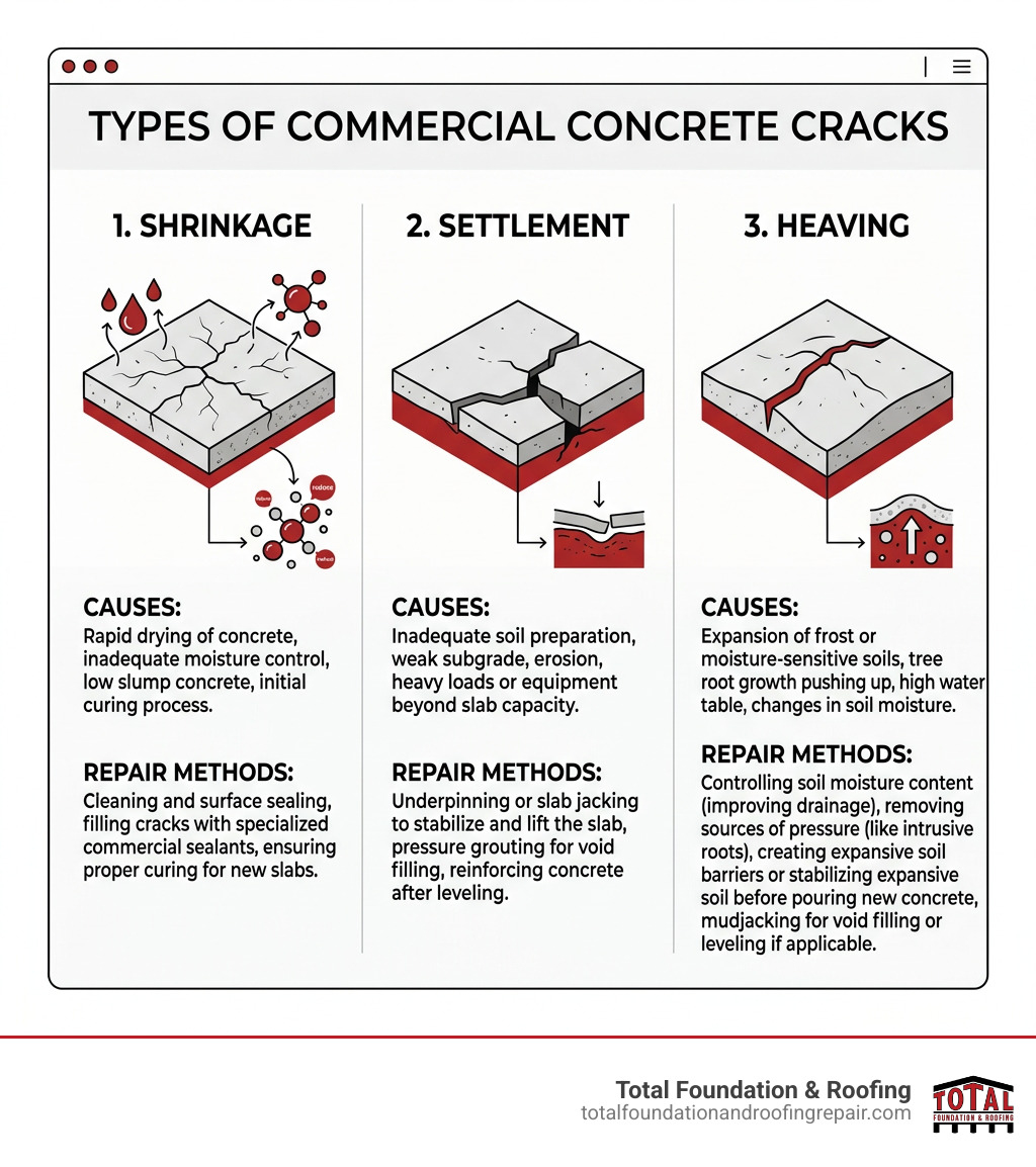 Infographic showing types of commercial concrete cracks: shrinkage, settlement, and heaving with causes and repair methods Infographic showing types of commercial concrete cracks: shrinkage, settlement, and heaving with causes and repair methods