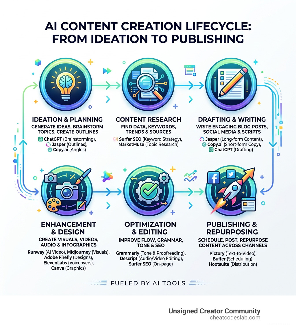 AI content creation lifecycle infographic showing stages from ideation to publishing with AI tools at each step - AI for