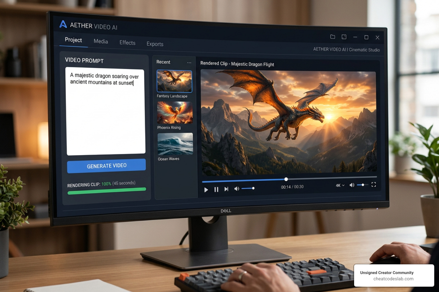 An AI video generation interface showing a text prompt being turned into a cinematic clip - AI for content creators