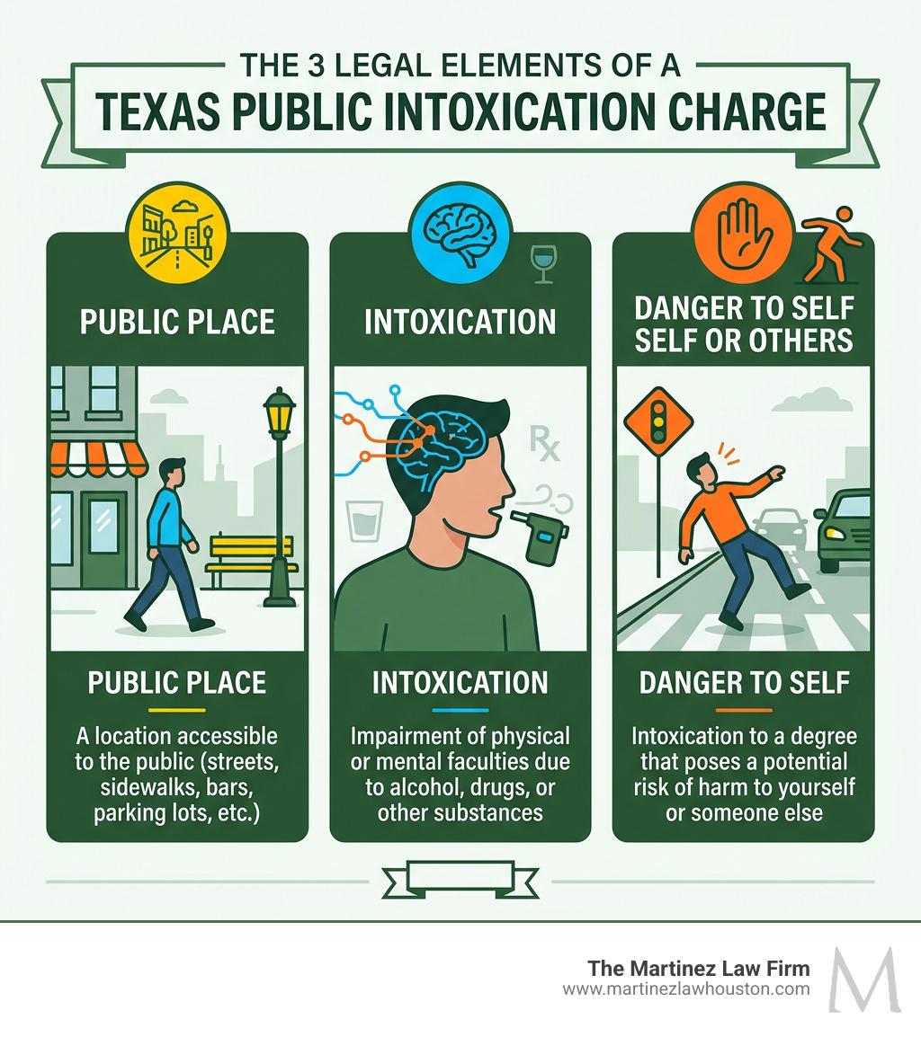 Infographic showing the three legal elements of a Texas PI charge: public place, intoxication, and danger to self or others