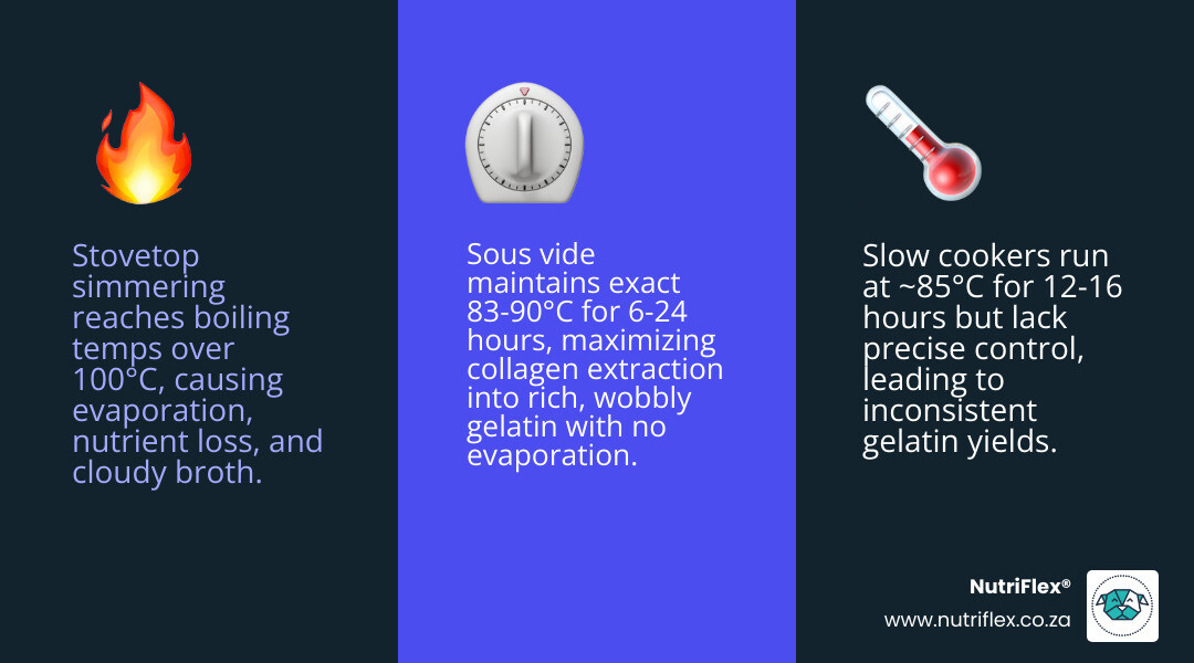 Infographic Comparing Stovetop Slow Cooker And Sous Vide Bone Broth Methods By Temperature Time And Gelatin Yield - Sous