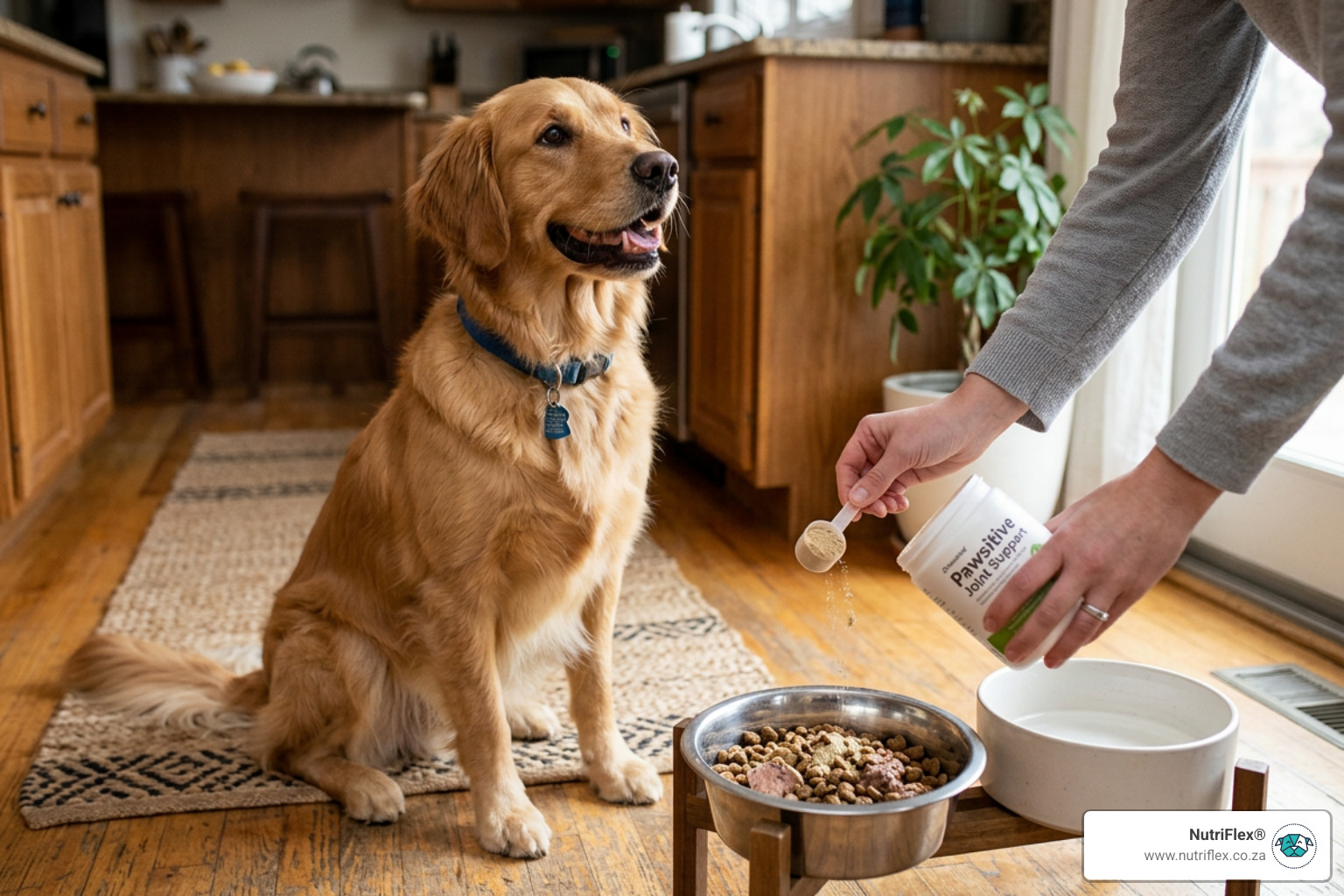 A Happy Dog Sitting Patiently By Its Food Bowl While A Supplement Is Added - Fish Oil For Dogs Dosage