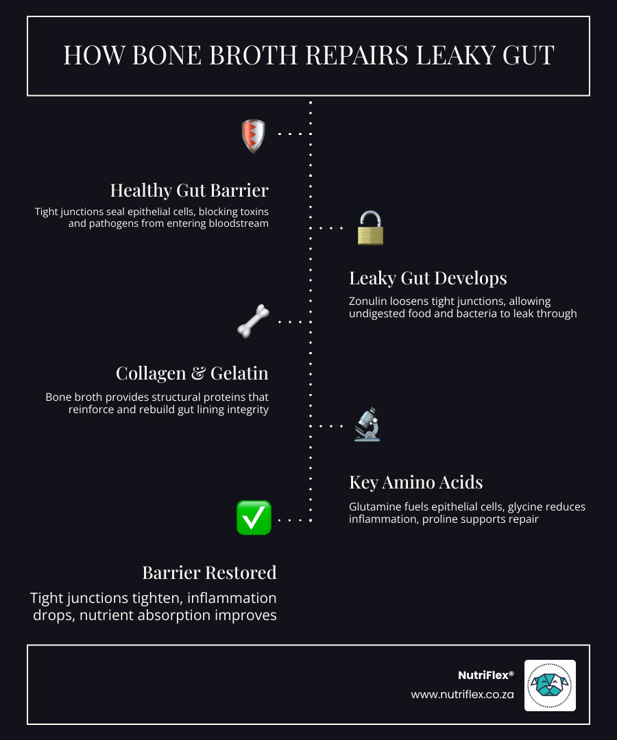 Infographic Showing The Gut Barrier, Tight Junctions, Leaky Gut Permeability And How Bone Broth Nutrients Support Repair Infographic Showing The Gut Barrier, Tight Junctions, Leaky Gut Permeability And How Bone Broth Nutrients Support Repair