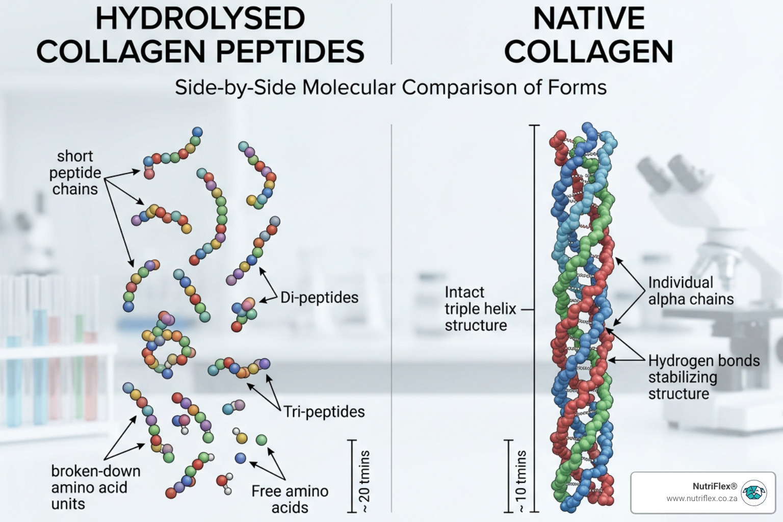 Difference Between Hydrolysed And Native Collagen Showing The Broken-Down Peptides Of Hydrolysed Collagen Versus The Intact