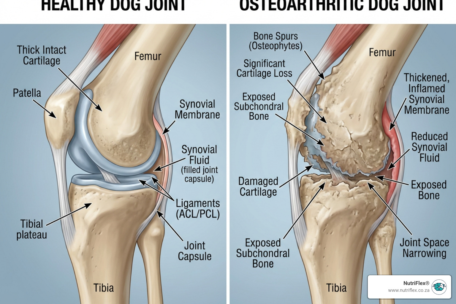 Anatomy Of A Healthy Dog Joint Vs A Joint With Osteoarthritis Showing Cartilage Loss - Chicken Collagen Dogs Mobility