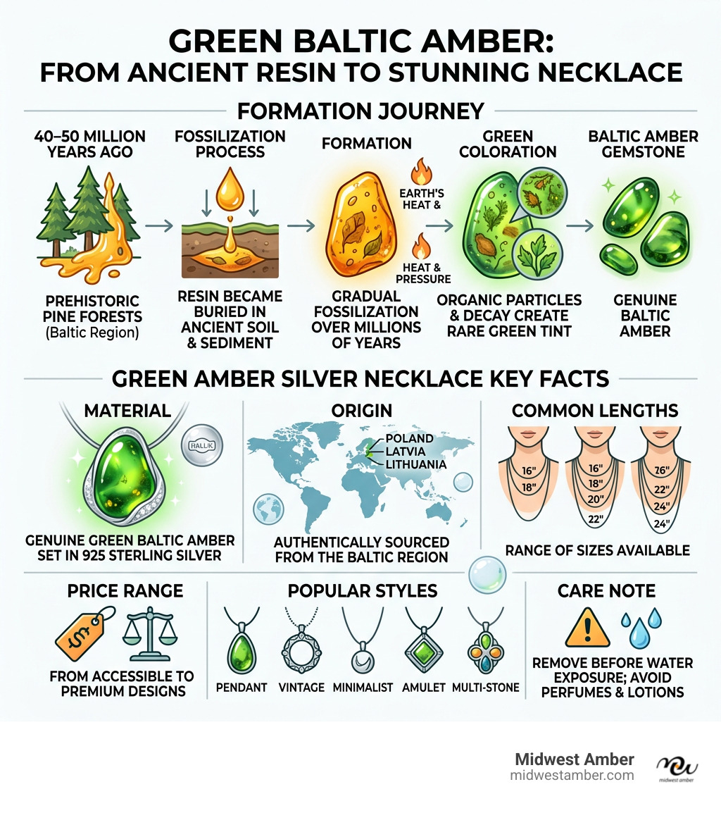 Infographic: prehistoric pine resin to green Baltic amber gemstone timeline and necklace key facts - green amber silver Infographic: prehistoric pine resin to green Baltic amber gemstone timeline and necklace key facts - green amber silver