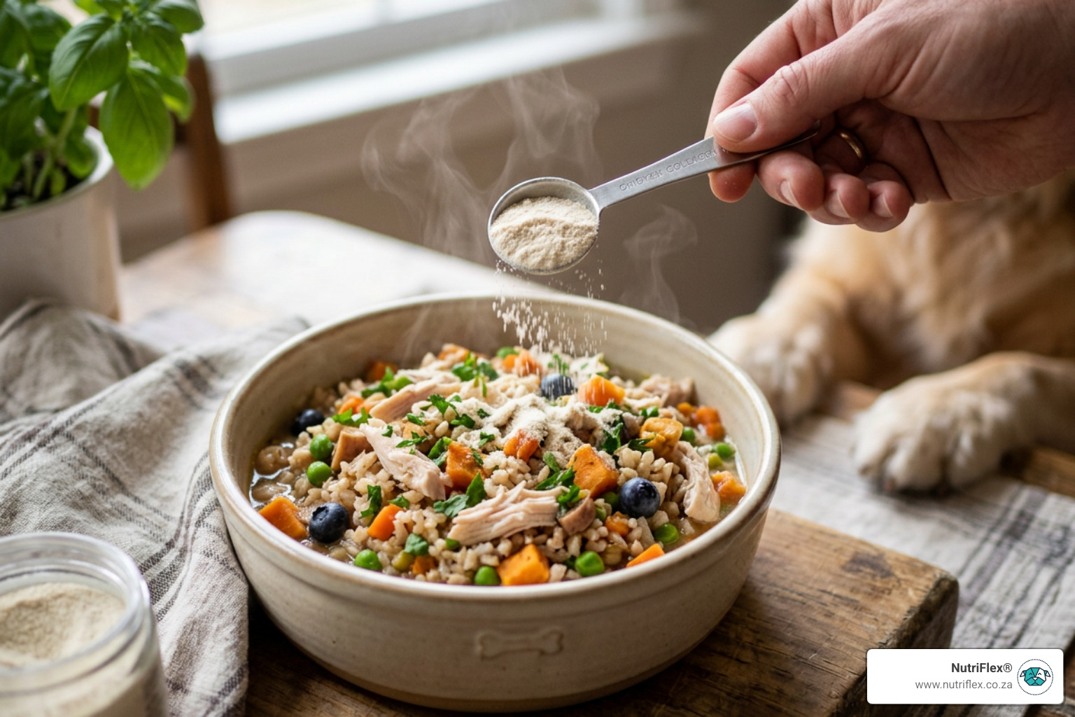 A Dog Meal With Supplement Powder Being Added - Chicken Collagen Powder Dogs