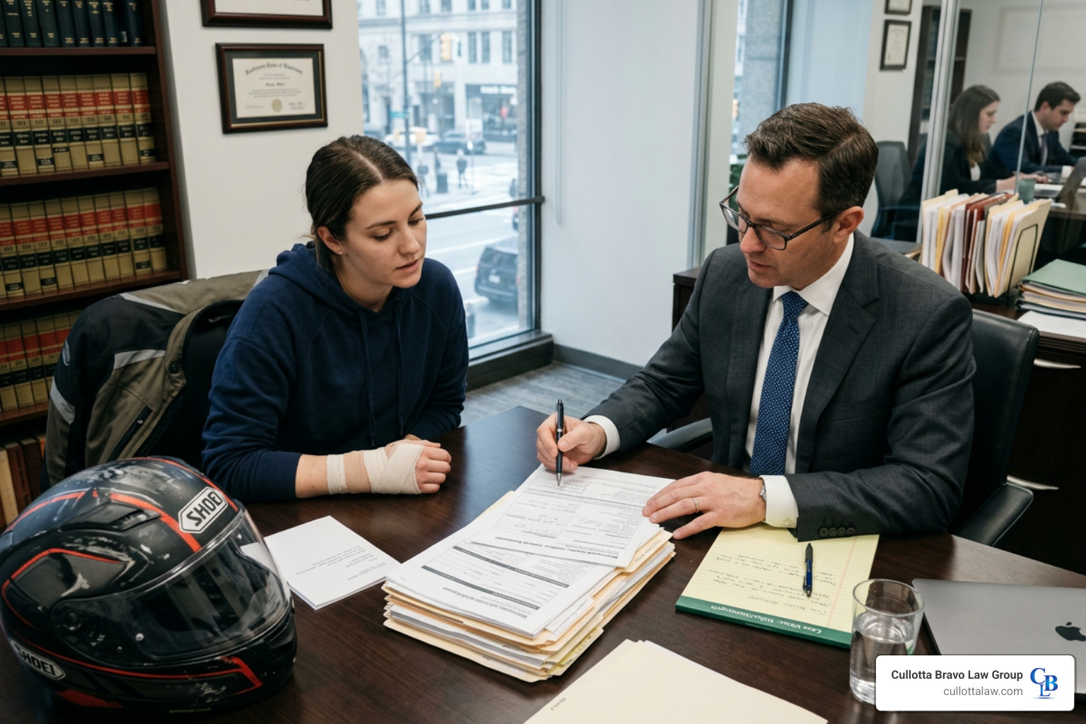 Lawyer consulting with a client after a motorcycle crash - Motorcycle accident injury attorney